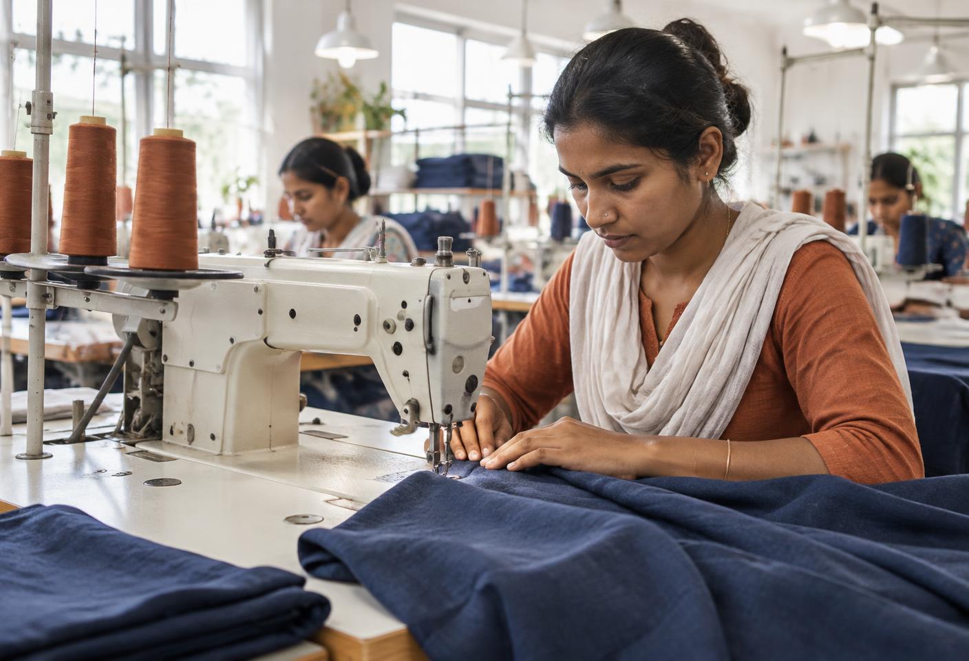 Garment artisan guiding fabric through a sewing machine